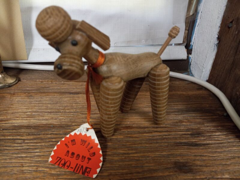 Vintage Zoo Line Wooden Articulated Brown Poodle Figurine Mid Century With Tag