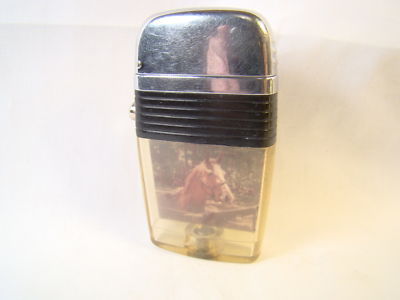 Vintage Scripto Vu Horse Photo Chrome Black Band Flip Top Lighter Sparking Well