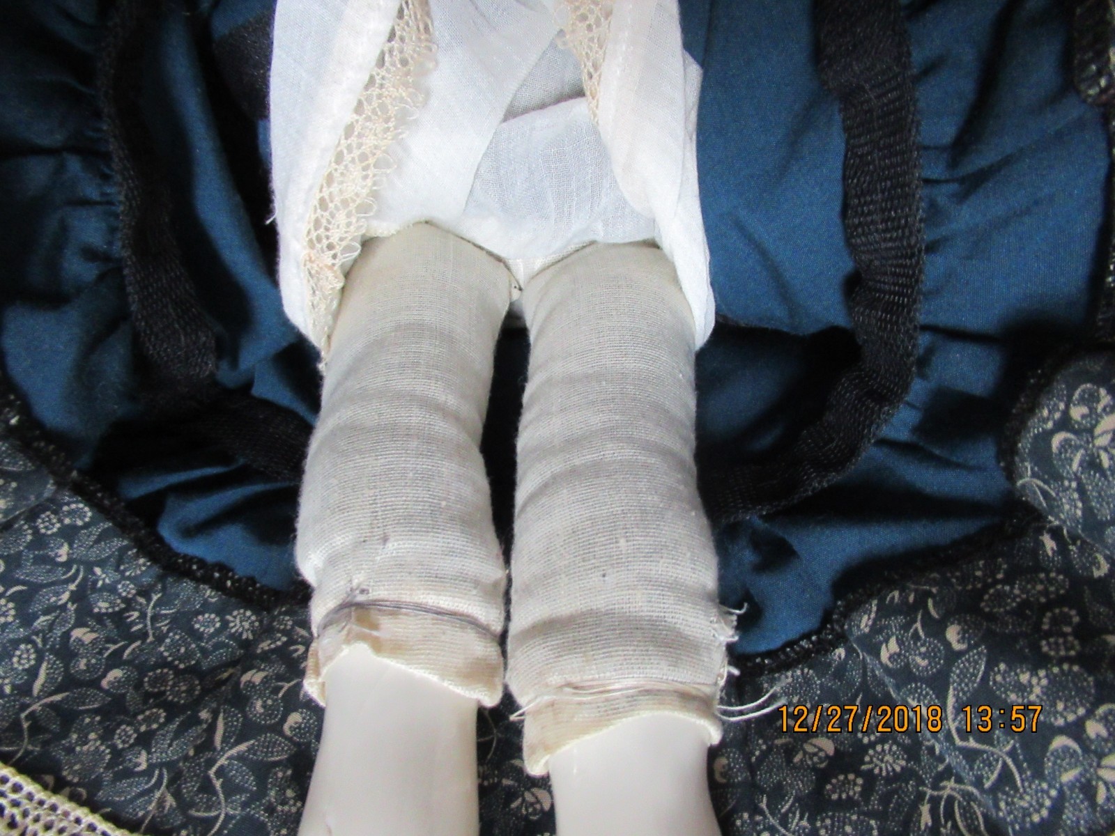 Antique C. 1890's China Porcelain Low Brow Doll Cloth Body 16 1/2