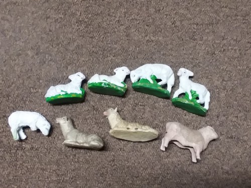 8 Vintage Nativity Sheep Figurine Old Composition Germany Christmas Lot