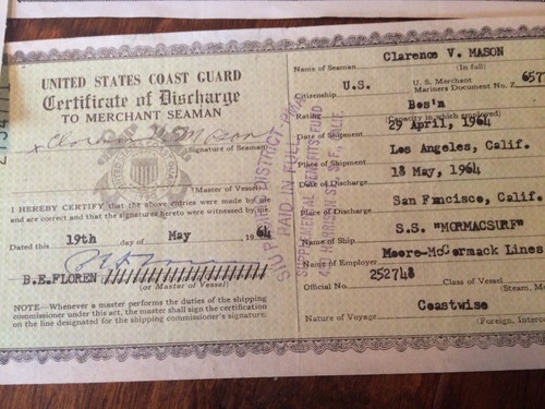 5 1964 U.S. Coast Guard Certificate of Discharge Merchant Seaman Steam Vessels