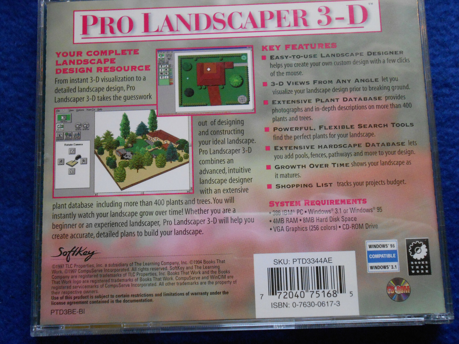 Pro Landscaper 3-D  PC CD-ROM SoftKey 1995 Windows 3.1
