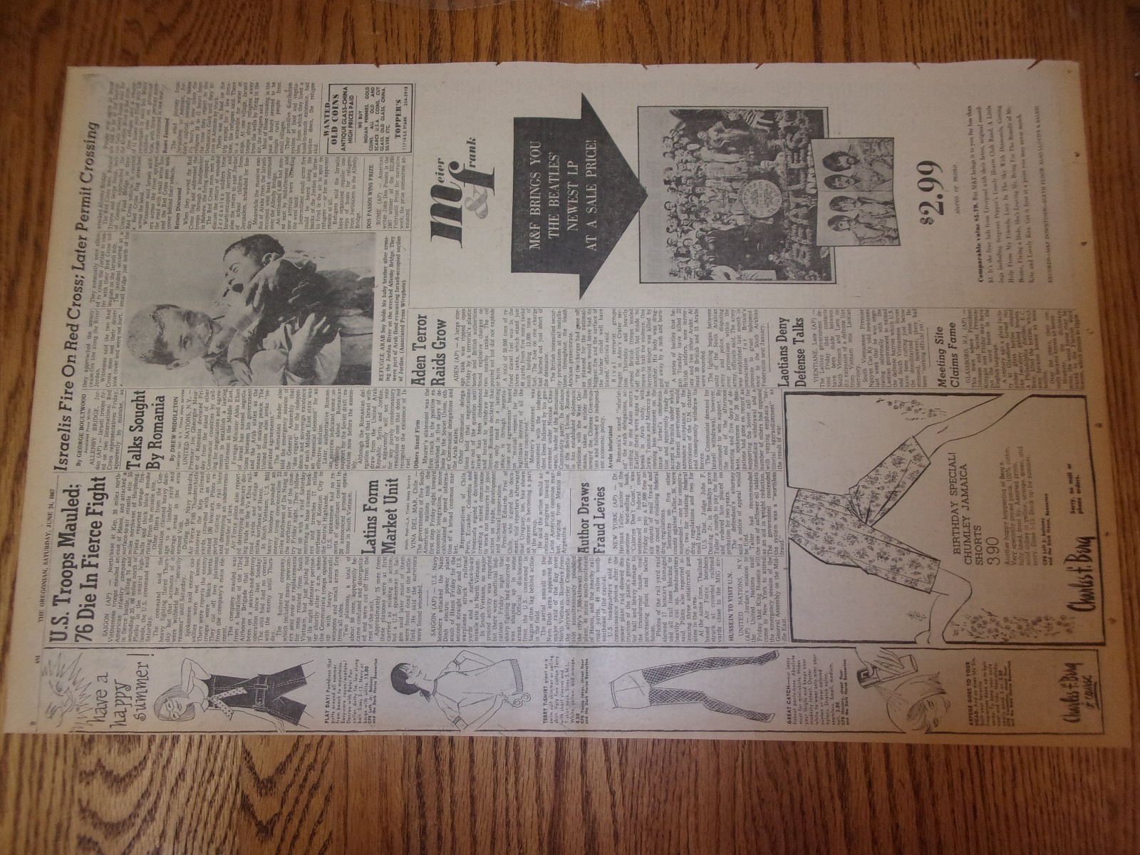 THE OREGONIAN - JUNE 24TH, 1967, FRONT PAGE! GREAT FOR A PRESENT! GREAT VALUE!