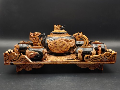 禹】Z331 寿山石 手工彫刻 雲龍紋 急須 茶壷 茶道具