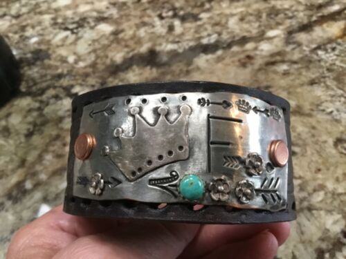 HANDMADE TOOLED LEATHER CUFF BRACELET WITH SILVER DOUBLE SNAP MADE IN USA