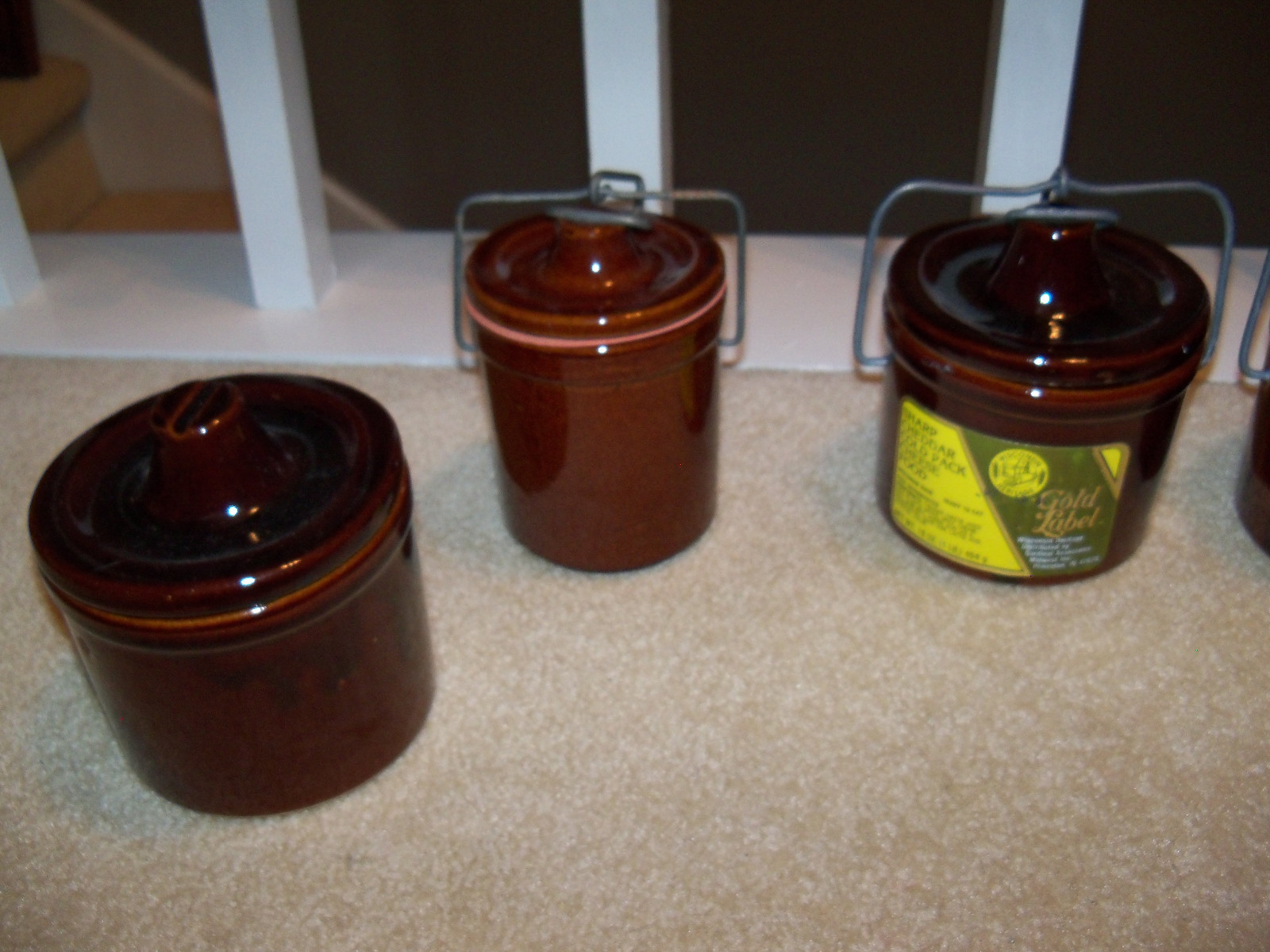 Lot of 7 Vintage Cheese Crocks Wire Latching Lids Brown