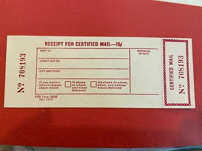 1955 CERTIFIED MAIL FORM #3800 RED MINT NH Post Office Fresh - APS Life Member