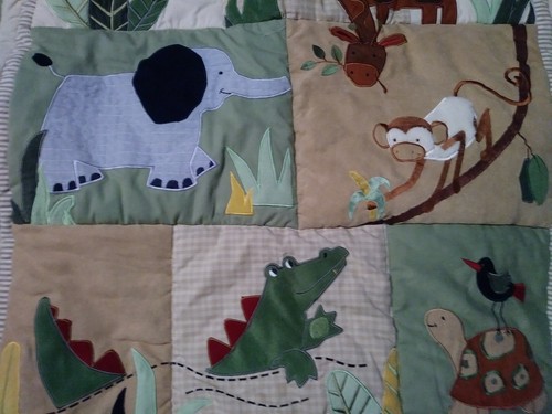 Kidsline Zanzibar Appliqued Jungle Animal Green Brown Blue Baby Boy Quilt EUC