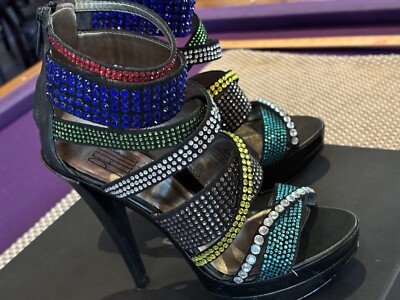 Pelle moda Kava Black Multi Stone Shoe Strappy Platform Leather Heel 8 Worn 1x