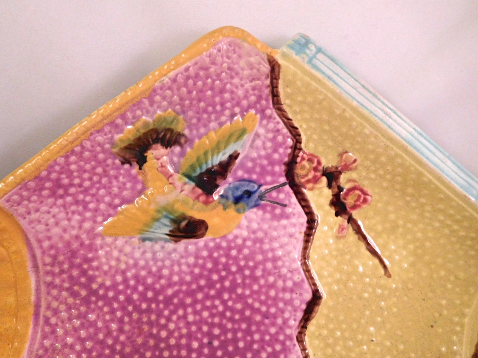 c1890 Aesthetc Style Eureka Pottery Majolica Dragonfly, Bird & Fan Bread Tray