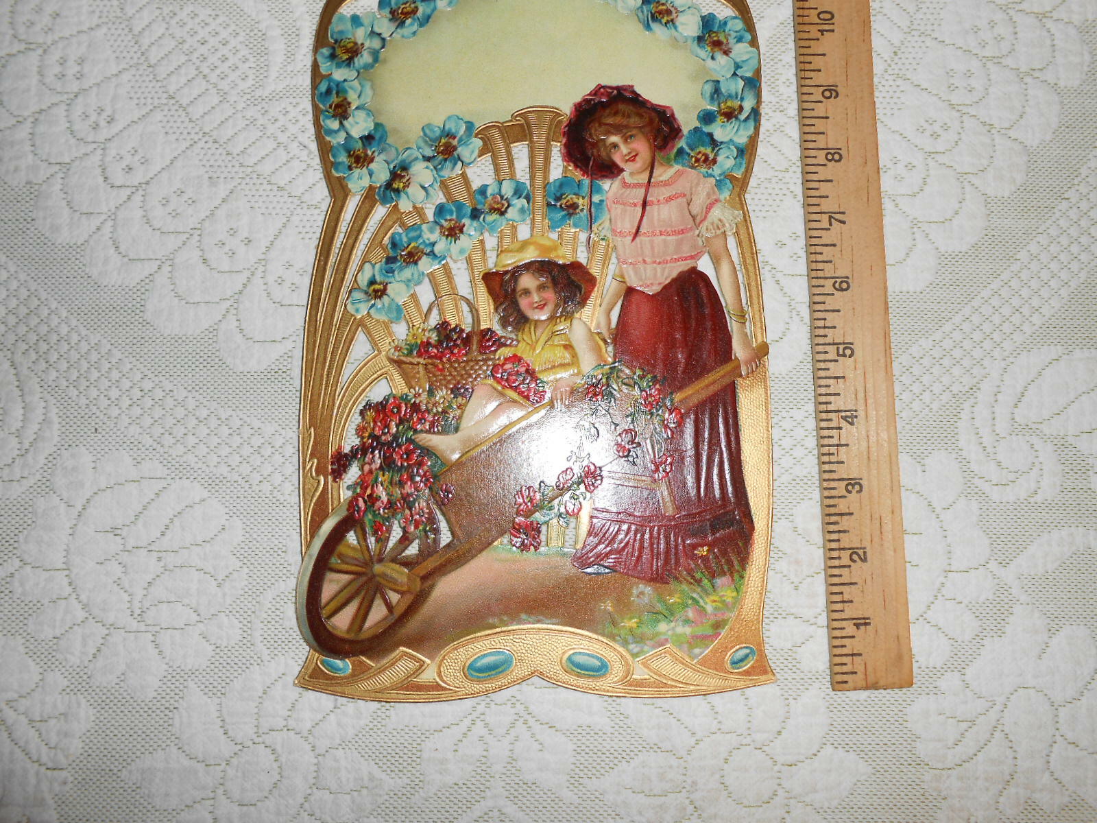 Large 1900 Antique Victorian Die-Cut Sign Girls With Wheelbarrow  NOS