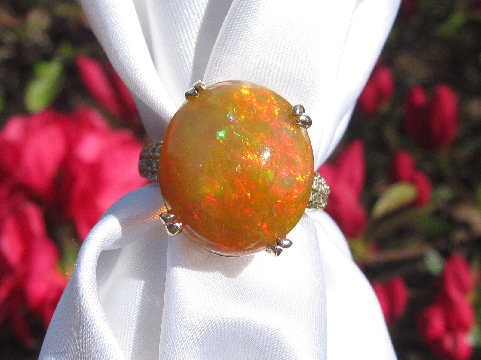 Opal Diamond Ring Ethiopian Orange 14K Yellow Gold Cabochon Fine Jewelry Size 7