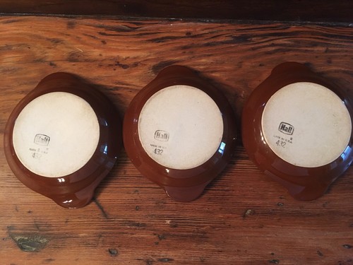 3 Vintage HALL Brown & White Round Au Gratin Dishes Bowls w/ Handles ~EUC~