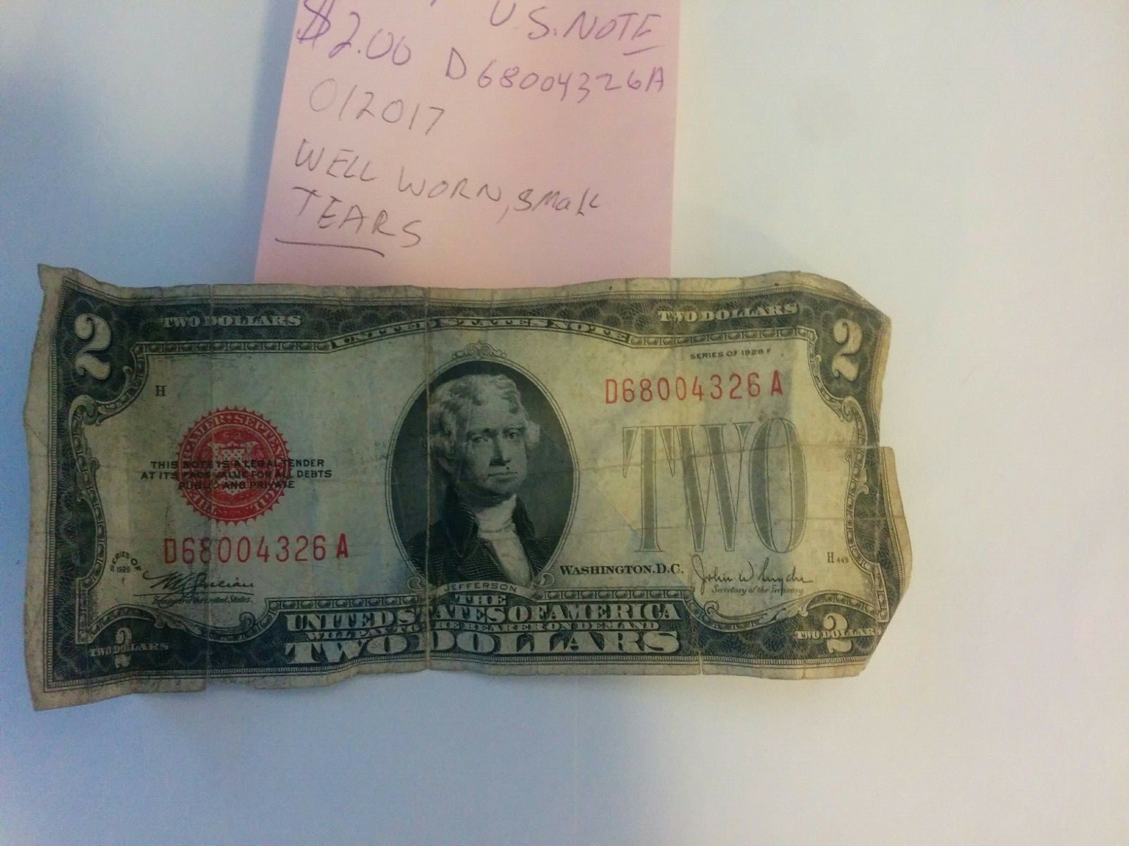 1928F UNITED STATES  NOTE $2.00   WELL WORN 012017
