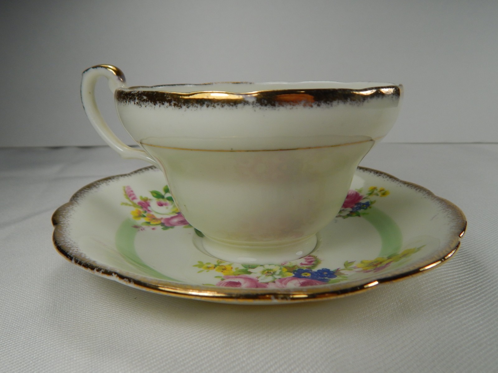 Vintage Foley Tea Cup and Saucer. Green Stripe Rose Bouquet Pattern.