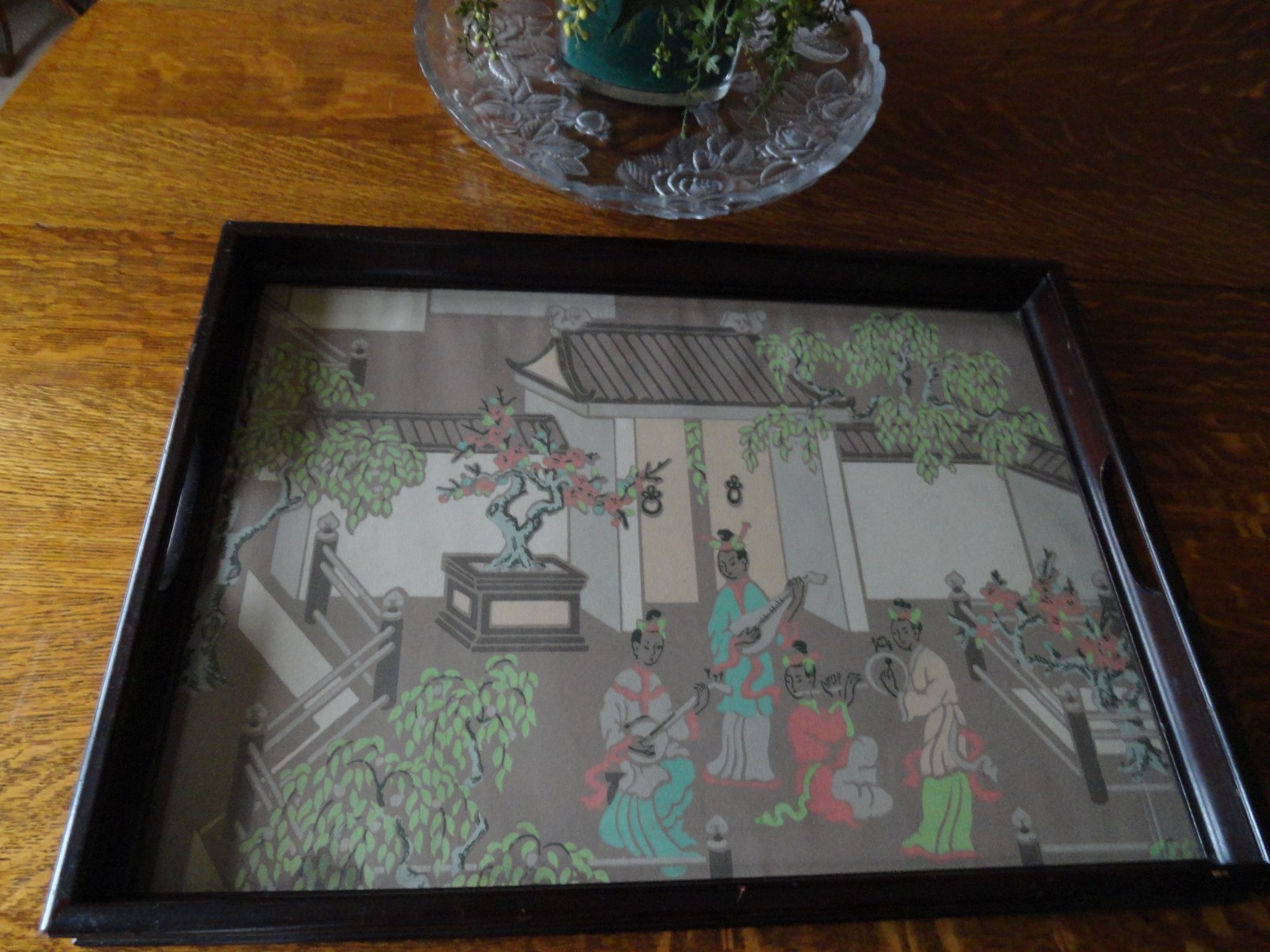 Vintage Wood Glass Top Serving/Butlers Tray With Handles - Chinese Scene