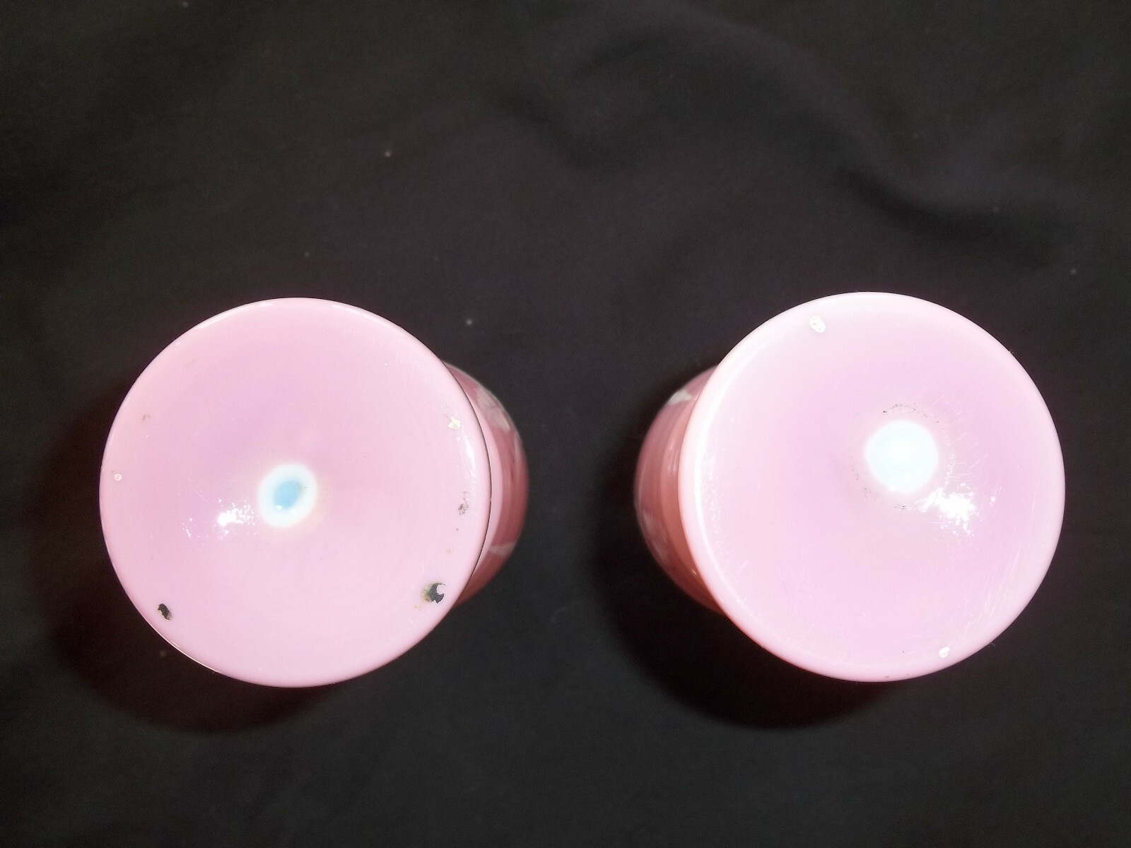 Collectible pair of handblown pink glass vases in the style of Mary Gregory