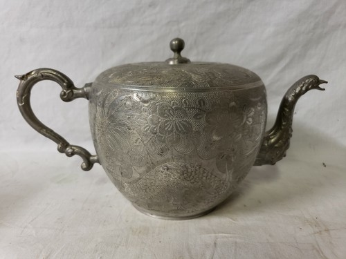 Antique Chinese Engraved Kut Hing Swatow Pewter Teapot. 2nd ½  19th c.  9 ½”