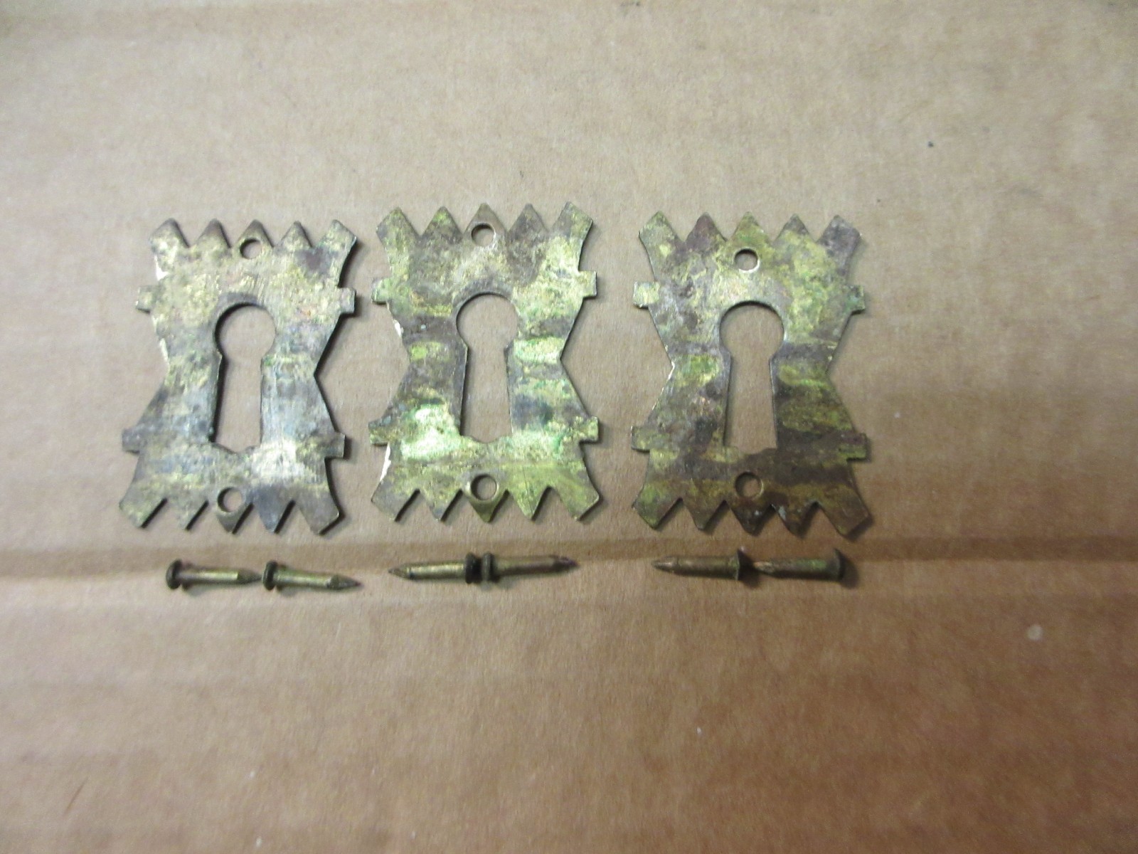 3 Antique Eastlake Style Brass Key Hole Escutcheons Covers w/ Tacks for Drawers