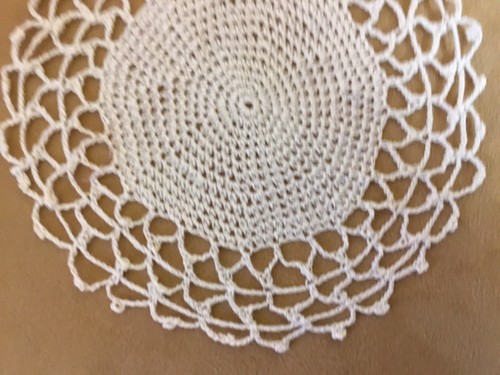Vintage Hand Crocheted Round Doily, Circular Design, Lt. Beige, Scalloped Edges