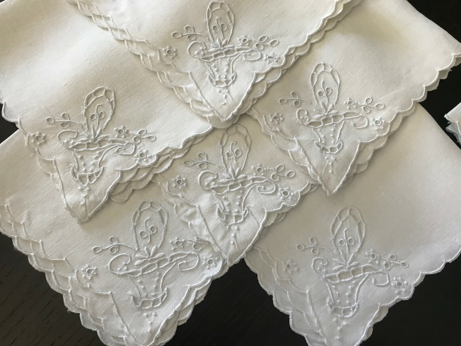 6 Vintage Madeira Napkins Bridal Basket Wedding Embroidery Fine Flax Linen