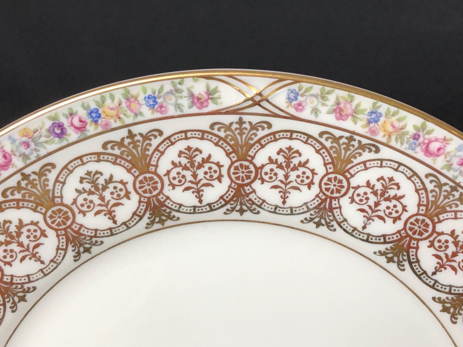 Lot of 2 KPM Royal Ivory Sussex 10&1/4” Dinner Plates Floral Gold Circles & Rim