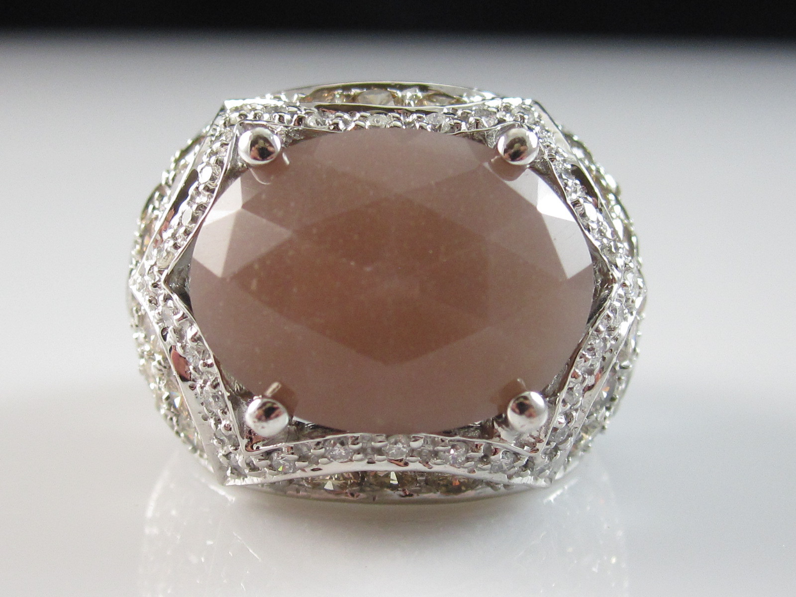 Sonia B Bitton Rose Quartz Diamond Ring 14K White Gold Designer Signed Size 6.75