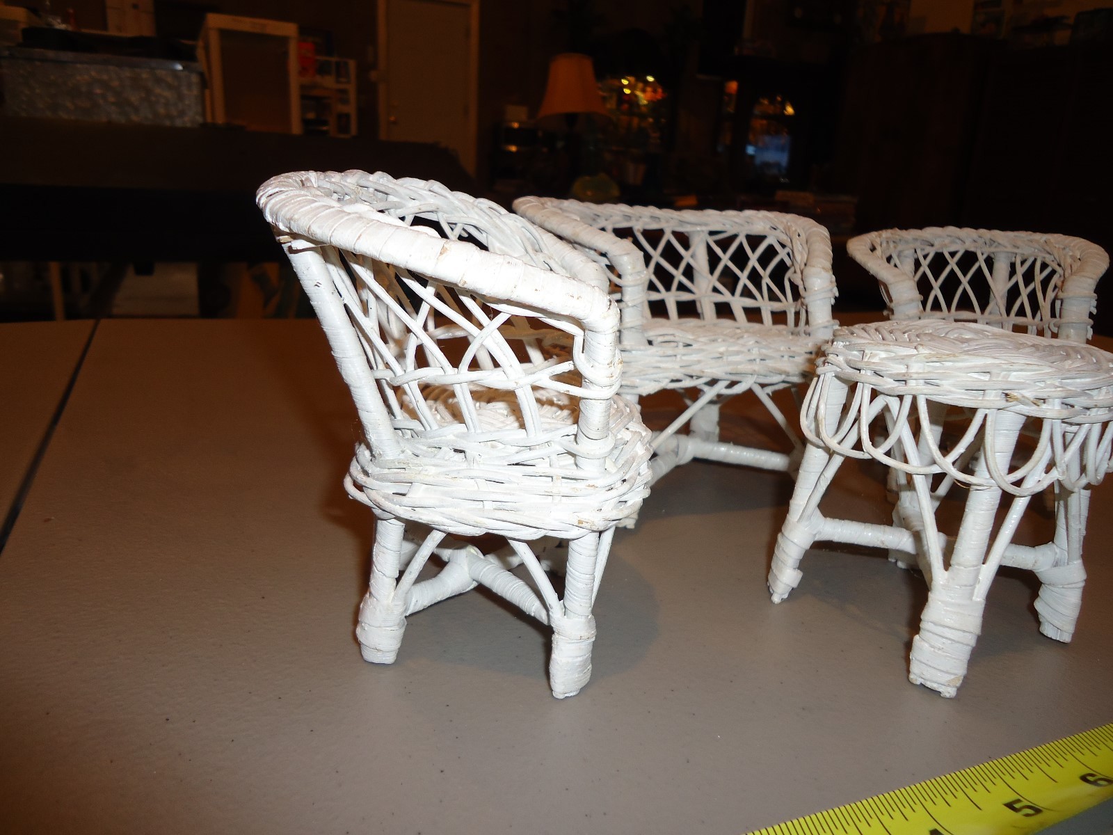 RARE Antique Vtg Dollhouse Doll Miniature Wicker Furniture White Paint, 12