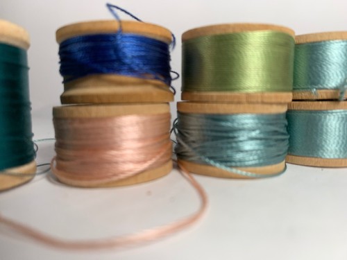 Lot 7 Vintage SILK thread Aqua Assort wood spool BELDING CORTICELLI button twist