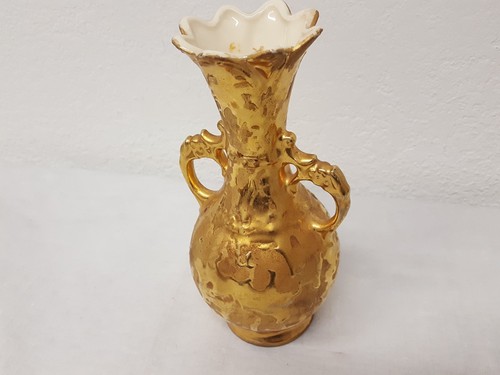 Vintage Weeping 24K Gold Drip Vase Double Side Handles Scalloped Top Opening