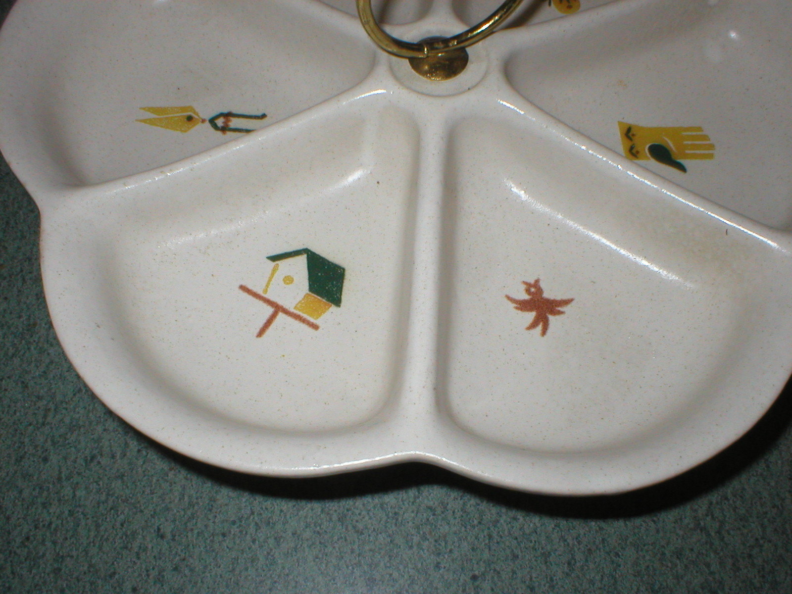Vtg Mid Century Modern Relish Ceramic Divided Serving Dish Metal Feet Designs