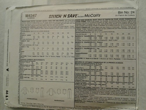 McCall's M4347 NEW UNCUT Stitch 'n Save Pattern Jacket/Vest/Top/Pants 8/10/12/14