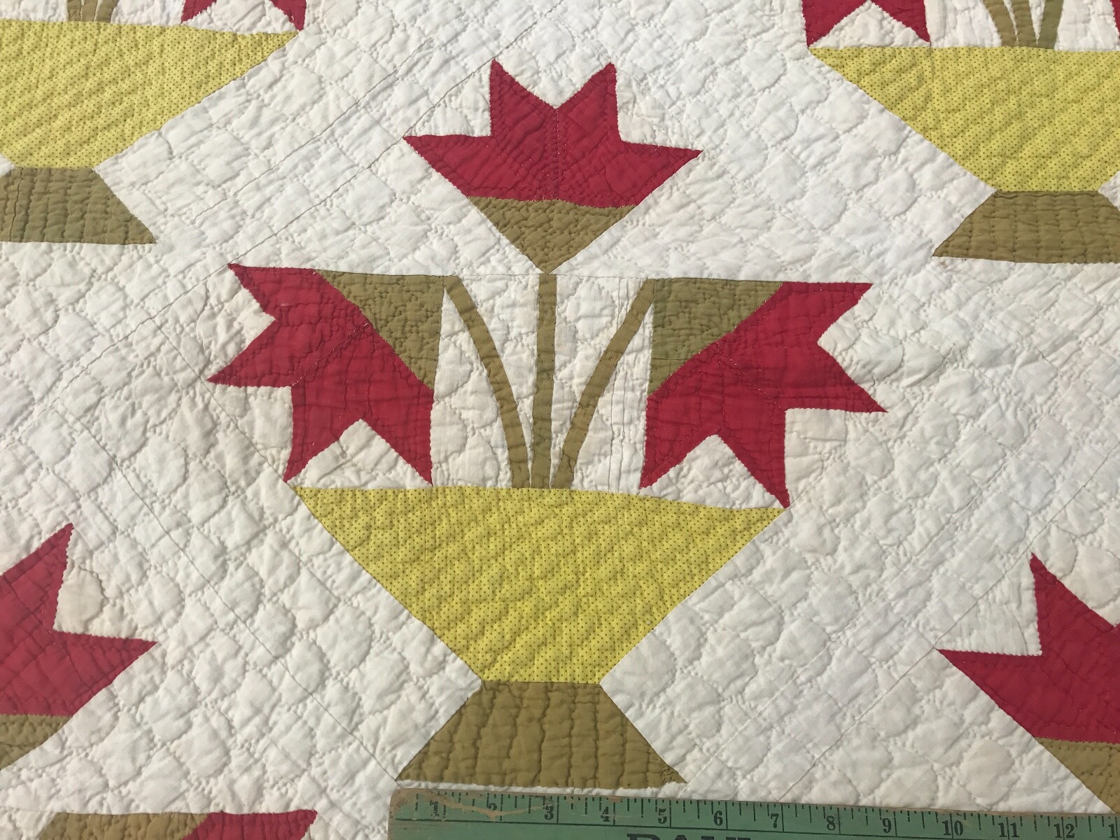 HUGE! Antique Applique Quilt Carolina Lily Green Red Mustard And White Baskets