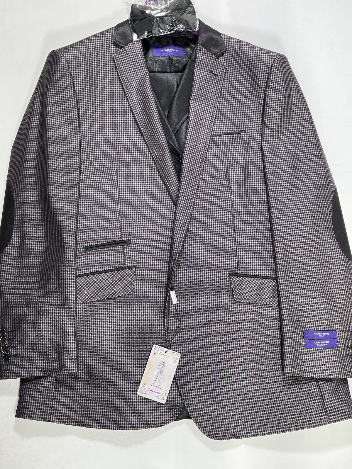 Mens Statement Italy Gray Check 3 Piece Tuxedo 46L NEW