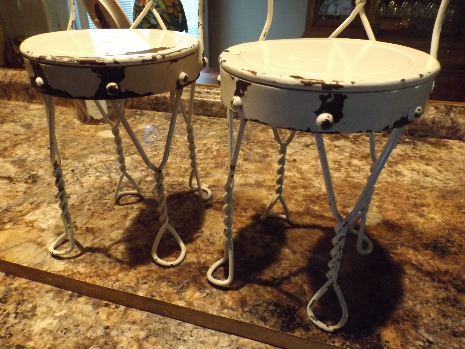 Vintage Child's Doll's Wire Frame Cafe Ice Cream Chairs Set/2 Chippy Paint