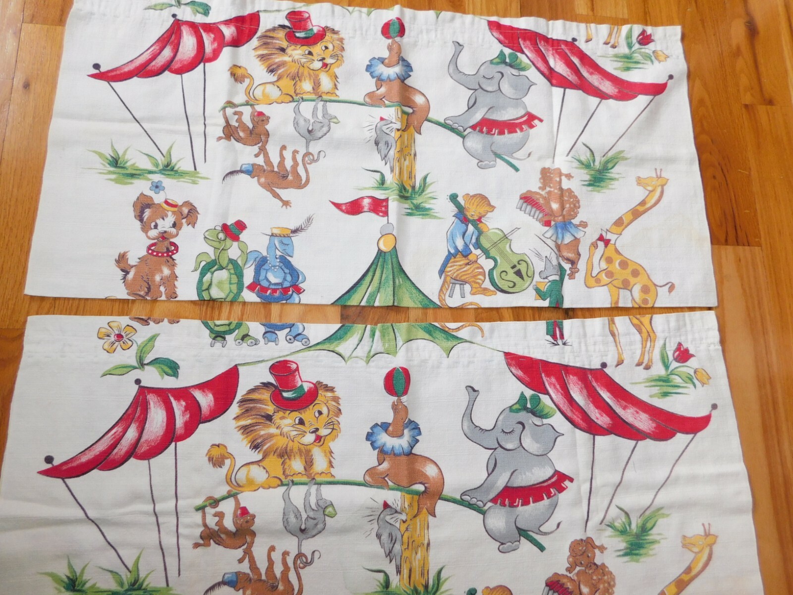 Bark Cloth Circus Curtains Pair Vintage Cat Poodle Giraffe Turtles Elephant