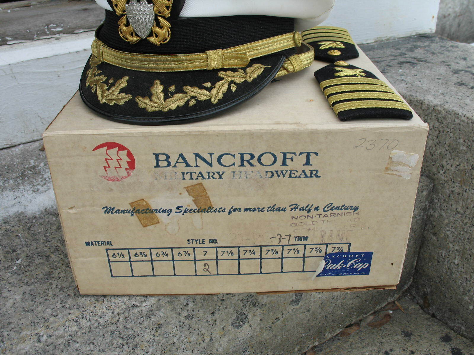 Estate USN Navy Cap Hat  Bancroft Size 7 with box 2 shoulder patches RARE find