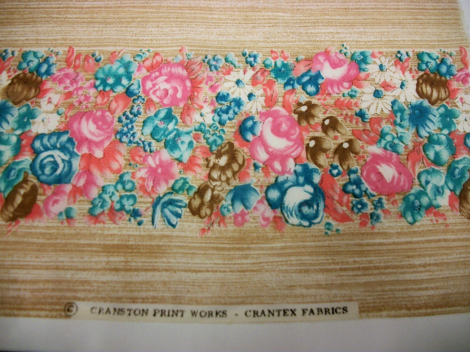 Vtg Crantex Fabrics Cranston Floral Striped Pink Turquoise Batiste Cotton 3+ Yds