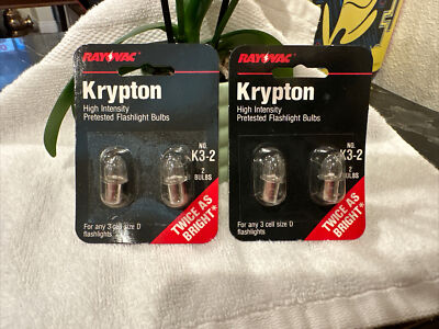 NEW LOT of (2) x 2 Rayovac Workhorse Krypton For 3cell D Flashlight BULBS K3-2