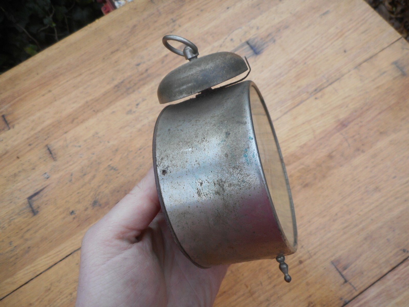 VINTAGE 1910 WATERBURY TURNOUT TOP BELL ALARM CLOCK PEG LEG WORKS GREAT