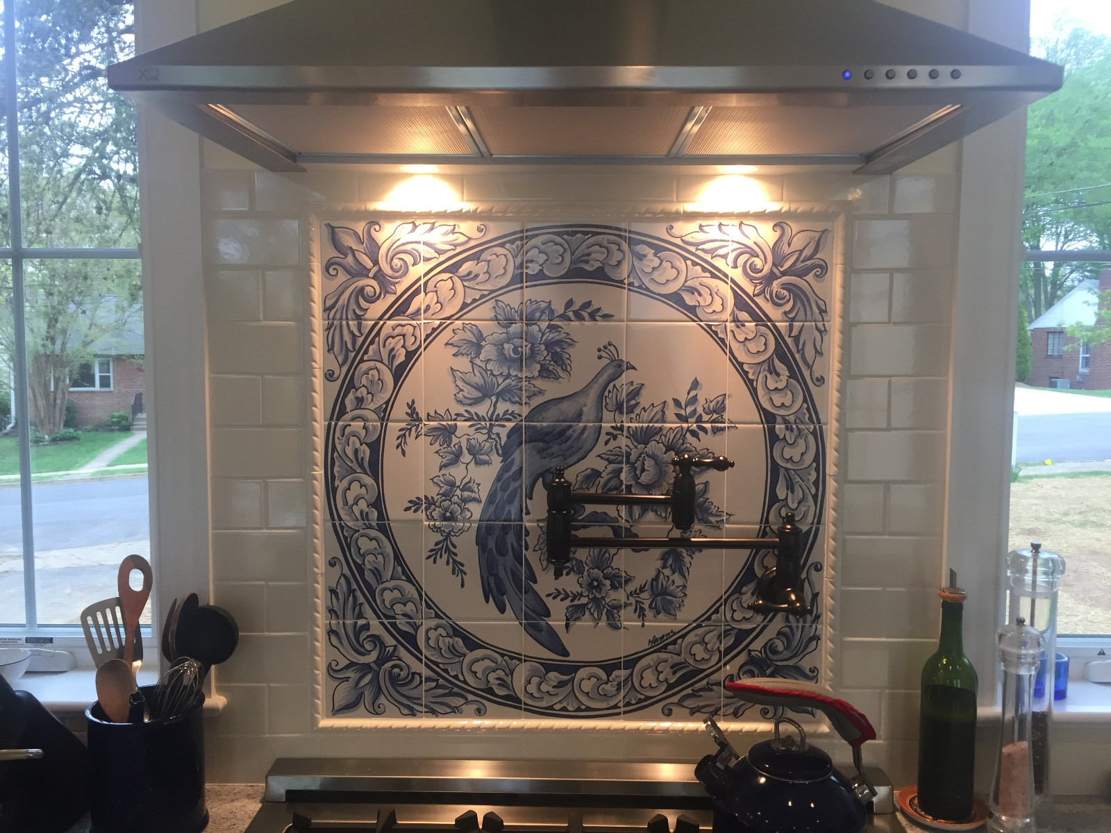 Portuguese azulejos tiles. Magnificent blue /white peacock hand painted tile