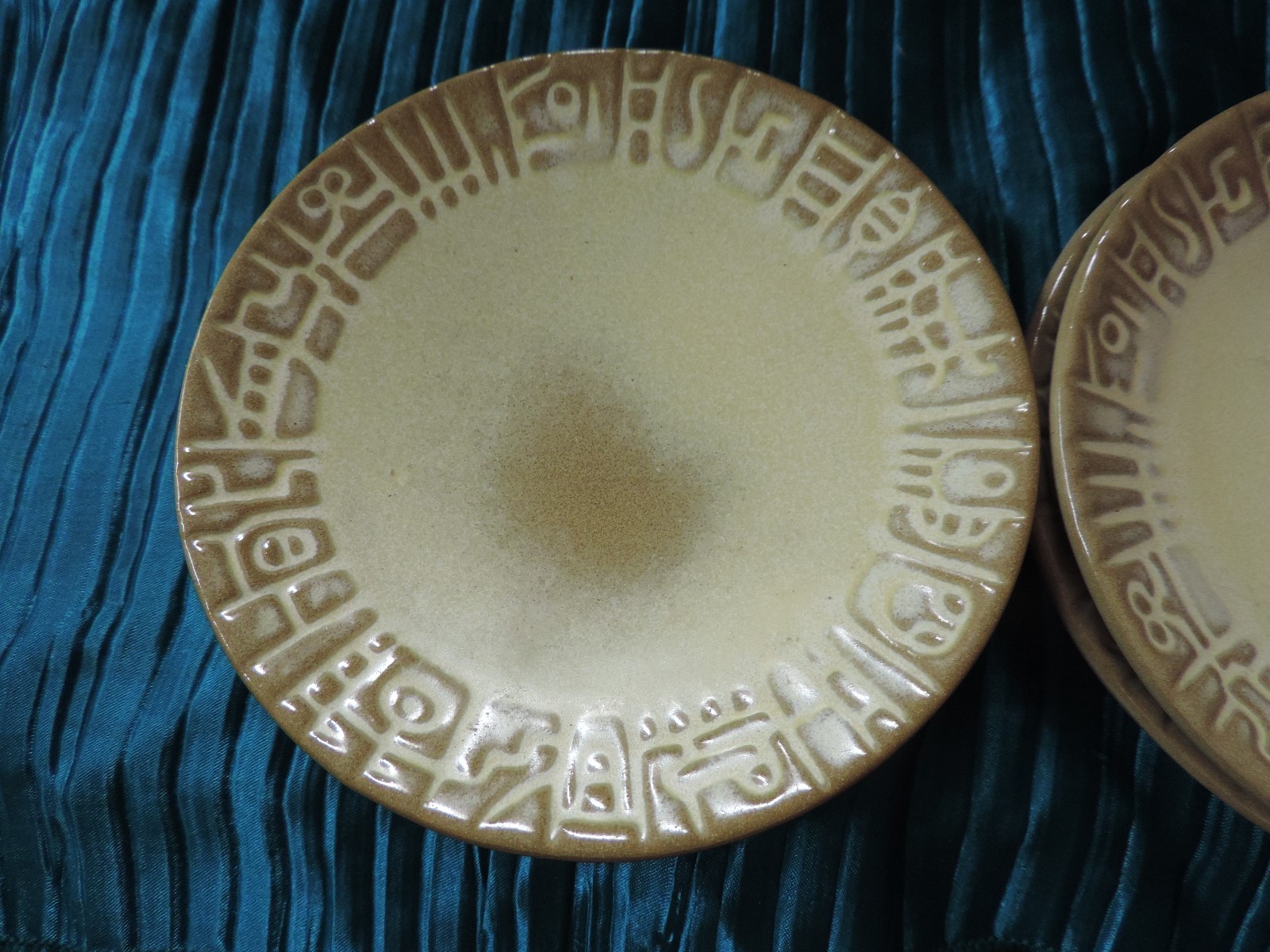 Four Vintage Frankoma Pottery Tan Gold Mayan Aztec Desert bread plates 5 1/4