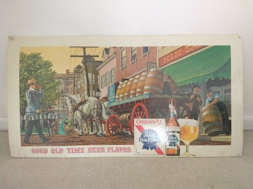 Vintage Pabst Blue Ribbon Beer Sign Horse and Wagon and hot air baloon sign.
