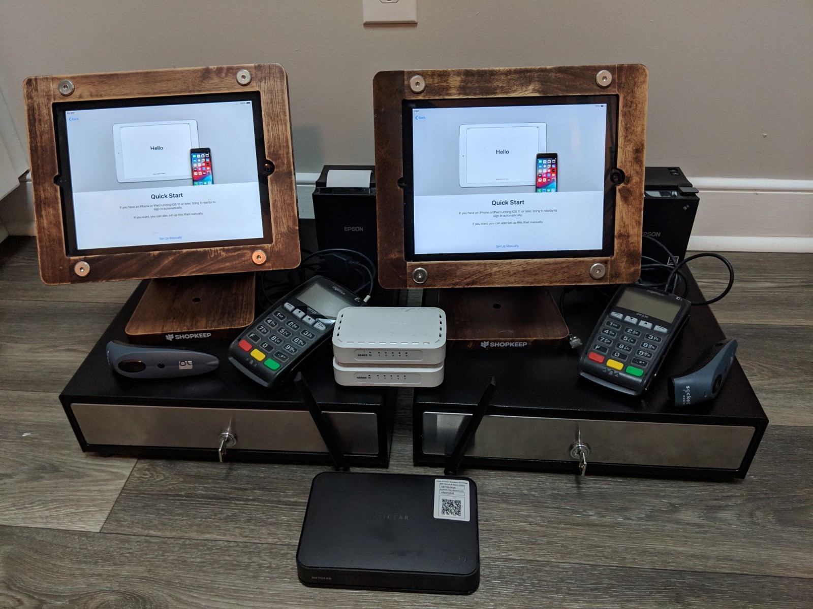 Shopkeep POS System (2 iPads Included) Barcode Scanner W/ Walnut Wood iPad Stand