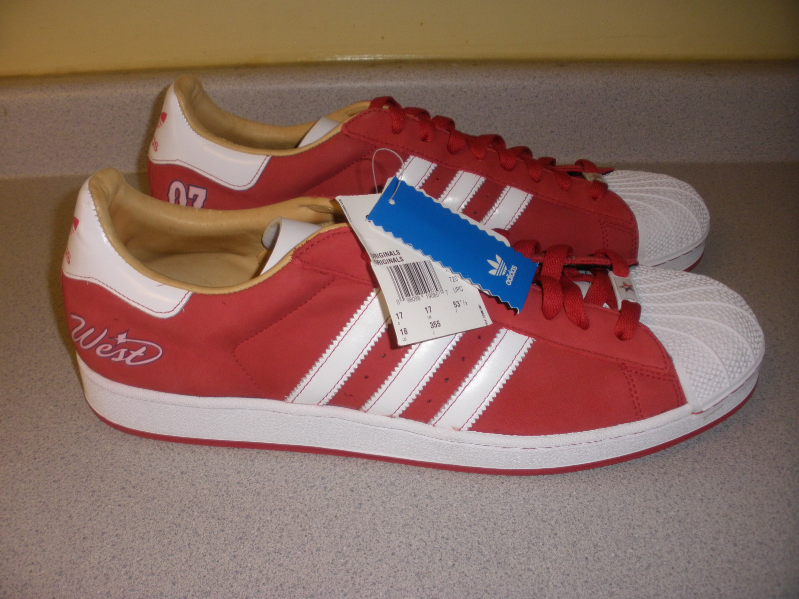 676077 ADIDAS Super Star 1 West 07 Shoes RED WHITE Size 18 676077 ADIDAS Super Star 1 West 07 Shoes RED WHITE Size 18