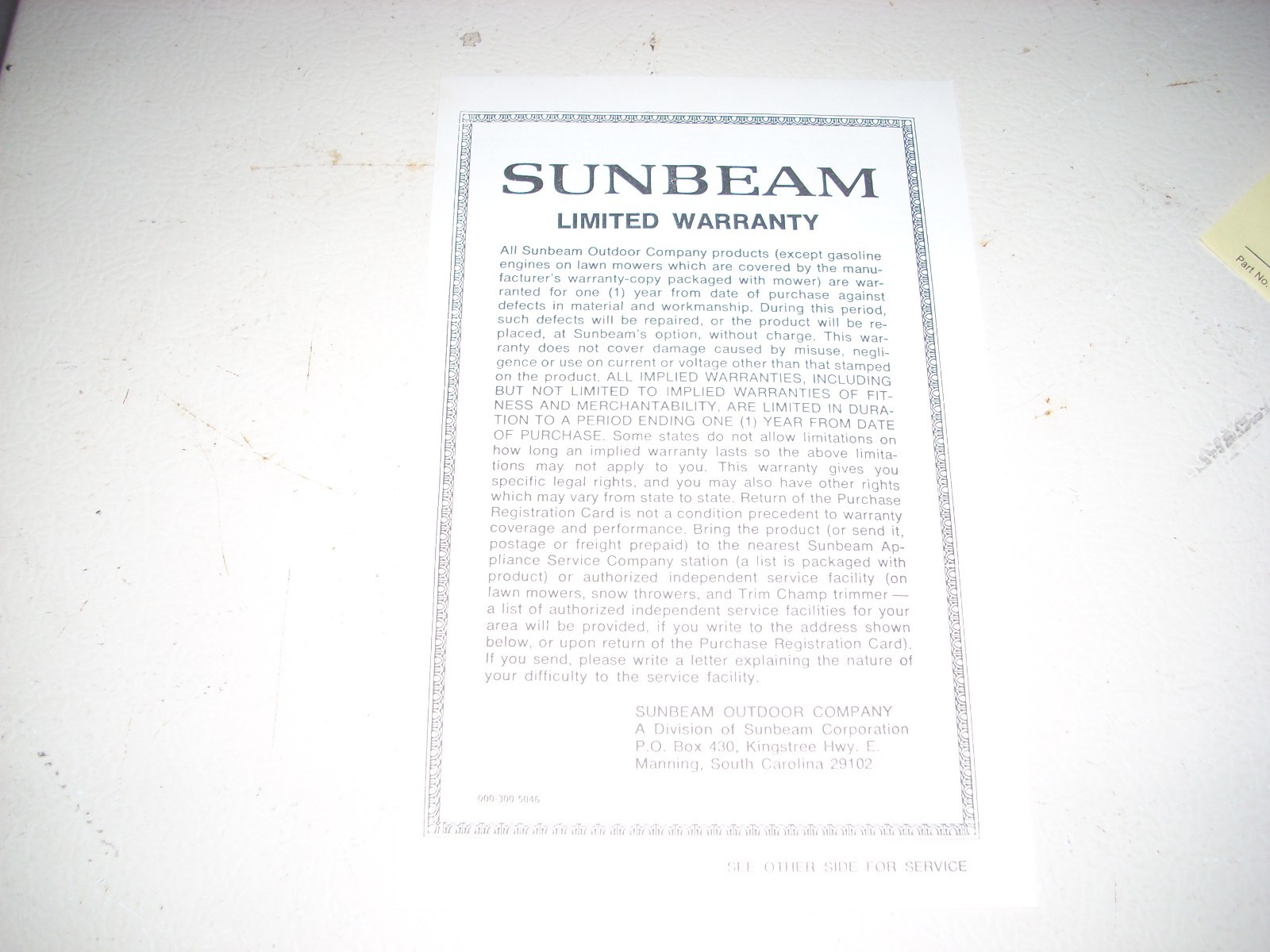 Vintage Sunbeam Owner's Manual Supplement Rear Grass Catcher Assembly 5/78