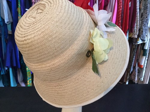 Vintage Spring Tall Fine Straw Cloche Hat Silk Flowers 23” Diameter No Damage