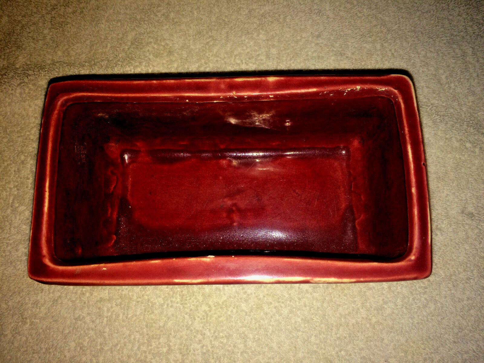 Vintage Ceramic McCOY Planter Rectangle Burgundy With Horizontal Weave Accent