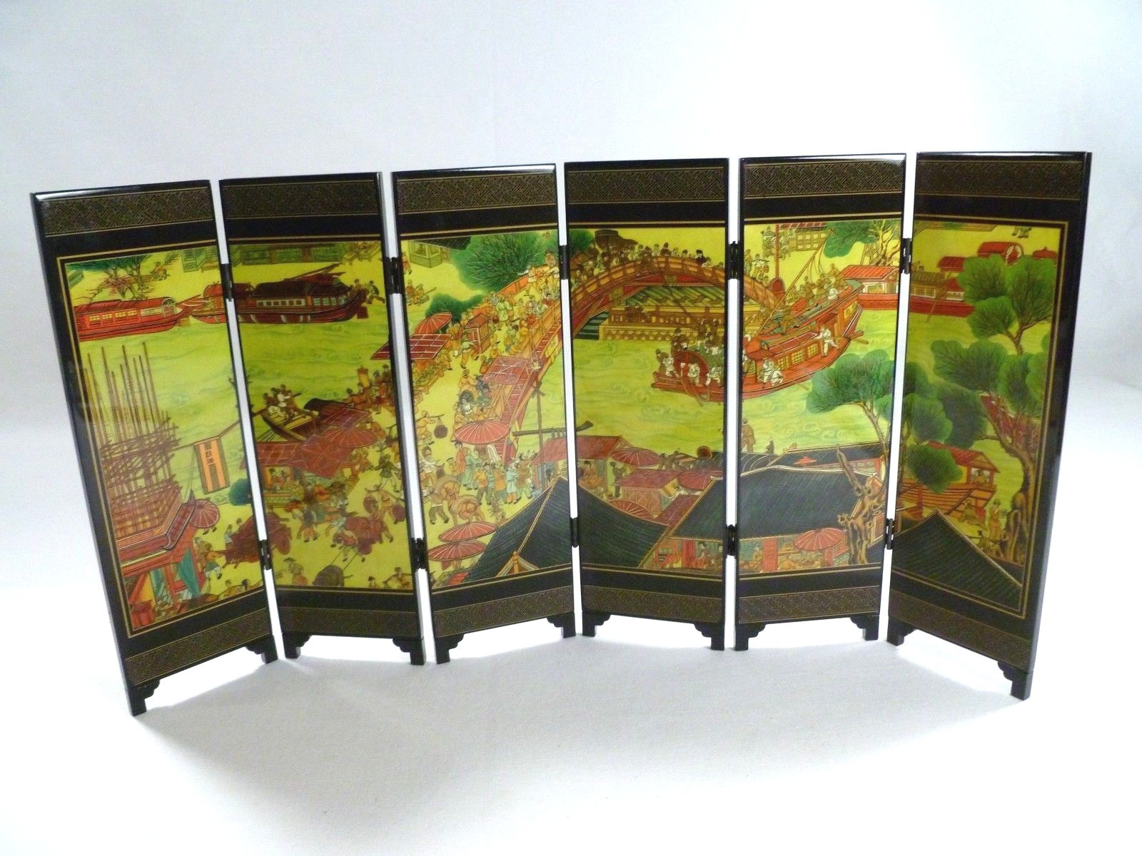 Chinese Foldable Table Screen:Riverside Scene at Qingming Festival w/Box