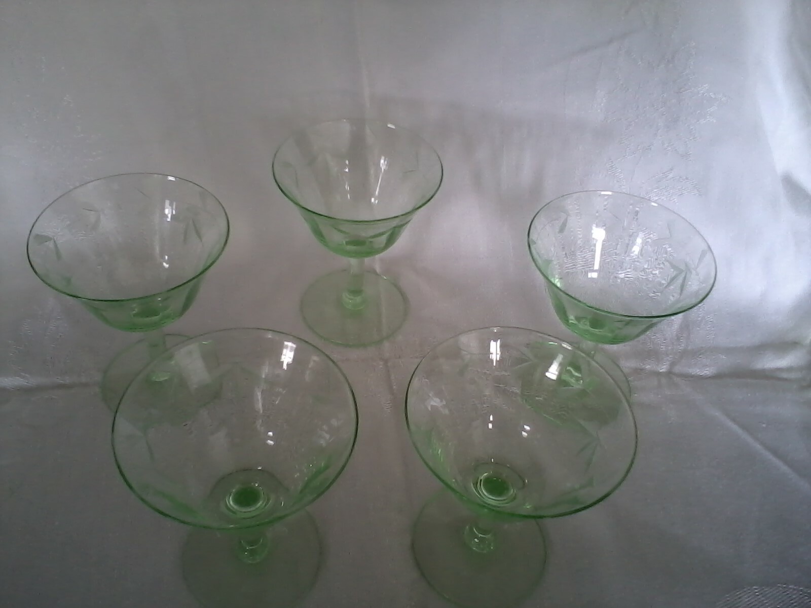 5 GREEN DEPRESSION GLASS WINE GLASSES ETCHED FLOWERS, MAYBE CHAMPAGNE
